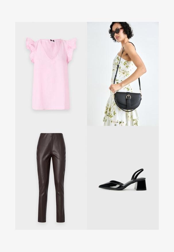 Roosa linaülikond V-kujulise lõikega, lühikeste volangkäistega ja lõdva istuvusega. Kanga tekstuur tundub kerge ja kergelt kortsunud.; Pruunid faux nahast legginsid, mis on sileda tekstuuriga, kõrge vöökohaga ja kitsaste lõikega. Omavad nõtket disaini ilma nähtavate õmbluste või kaunistusteta.; Mustad musta lakknahk kingad, millel on terav varvas ja geomeetriline plokkkonts. Omab elegantselt minimalistlikku disaini ja sujuvat tekstuuri.; Mustmust mustraha kõverate joontega, eemaldatava rihmaga ja kuldsete detailidega. Kotil on klapp, millel on pandladetail.