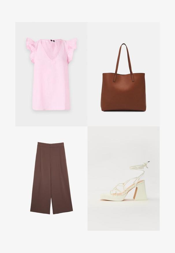 Ružový ľanový top s výstrihom do V, krátkymi volánovými rukávmi a voľným strihom. Textúra látky pôsobí ľahko a mierne pokrčene.; Hnedé nohavice so širokými nohavicami a hladkou textúrou, s vysokým pásom a prednými skladmi. Tkanina je ľahká a voľne sa pohybuje.; Biele sandále na vysokom opätku s hrubým podpätkom, s pruhovaným dizajnom a viazaním na členku. Hladký povrch s platformou vpredu pre zvýšenú výšku.; Hnedá kožená taška na rameno s hladkou textúrou, otvoreným vrchom a dvoma ramenými popruhmi. Má minimálne šitia a žiadne viditeľné kovania.
