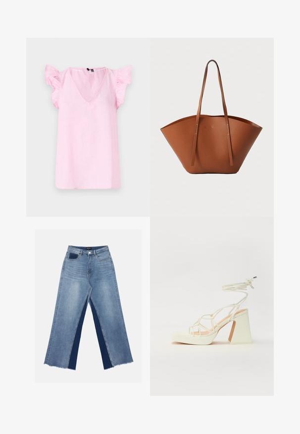 Rózsaszín vászon felső V-nyakkal, rövid fodros ujjal és laza szabással. Az anyag textúrája könnyűnek és enyhén gyűröttnek tűnik.; Világoskék, bőszárú farmernadrág, kontrasztos sötétkék panelekkel, szálkás szegélyekkel, valamint normál derekú, fém gombos záródással.; Fehér, magassarkú szandál vastag sarokkal, pántos dizájnnal és bokapánttal. Sima textúra, elülső platformmal a megnövelt magasság érdekében.; Barna bőr táska széles, struktúrált formával, vékony fogantyúkkal és texturált felülettel. Minimalista dizájnnal rendelkezik, látható fémrészek nélkül.