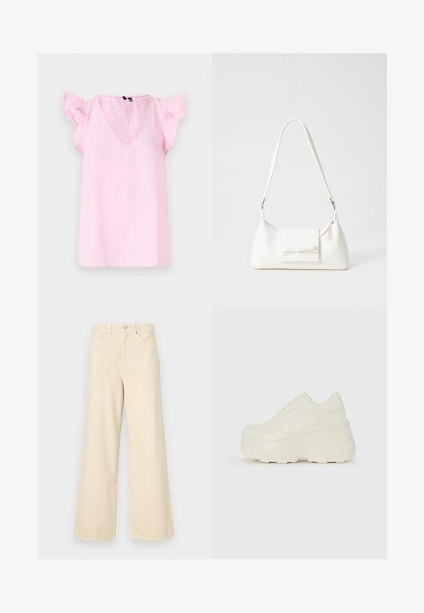 Pink linen top with a V-neckline, short ruffled sleeves, and a relaxed fit. Fabric texture appears lightweight and slightly crinkled.; Beige wide-leg jeans made of cotton. Features a button closure, belt loops, and front pockets with a smooth, soft texture.; White platform sneakers featuring a smooth leather-like upper, rounded shape, padded collar, and textured rubber sole with defined treads.; White synthetic handbag with a triangular shape, flat front flap and bow detail, adjustable strap, smooth texture, and minimalistic design.