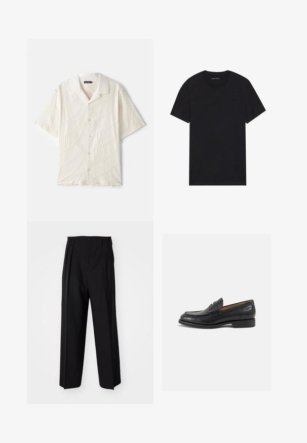 Lyhythihainen nappikauluspaita off-white-värissä, jossa on aaltoileva tekstuuri ja klassinen kaulus.; Musta puuvillapaita lyhyillä hihoilla ja pyöreällä kaula-aukolla. Kankaan pinta on sileä ja sen muotoilu on yksinkertainen ja yksivärinen.; Mustat laskostetut housut, joissa on suora, leveä lahje. Valmistettu sileästä kankaasta, jossa on nappisuljenta ja vyölenkit.; Mustat nahkaloaferit, joissa on sileä pinta, pyöreä varvas ja koristeompeleet varpaansuojassa. Matala pinottu korko ja hieno kiilto.
