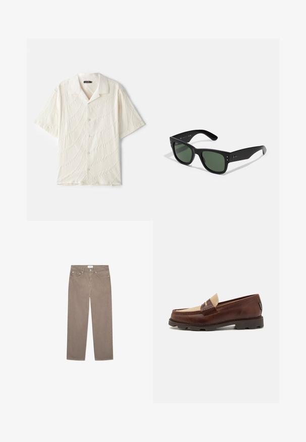 Koszula krótki rękaw, zapinana na guziki, w kolorze ecru, z tkaniny o fakturze z falistymi wzorami oraz klasycznym kołnierzykiem.; Biały bawełniany top na ramiączkach z okrągłym dekoltem, szerokimi ramiączkami i prostym dołem, charakteryzujący się gładką teksturą i brakiem widocznych wzorów.; Brązowe dżinsy o prostym kroju z pięcioma kieszeniami, metalowymi dodatkami i gładką fakturą. Tkanina ma subtelny, jednolity wzór.; Brązowe skórzane mokasyny z taupe'owym akcentem z płótna, przeszyciami i teksturowaną gumową podeszwą zaprojektowaną dla komfortu i trwałości.; Czarne prostokątne okulary przeciwsłoneczne z zielonymi soczewkami, matowe wykończenie, subtelne akcenty metalowe i wytłoczone logo na zauszniku.