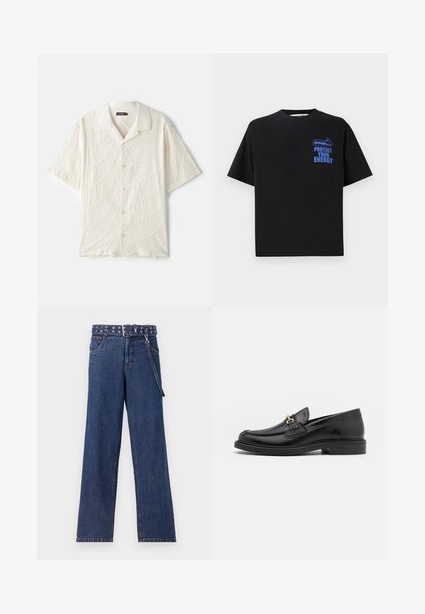 Košile s krátkým rukávem v barvě zdejší bílé, s texturovanou tkaninou a vzory připomínajícími vlny, a klasickým límcem.; Černé bavlněné tričko s krátkým rukávem, na kterém je modrý text "CHRÁNĚTE SVOU ENERGII" a grafický design na horní levé straně.; Tmavě modré džínové kalhoty se střihem rovné nohy, zdobené vzorovaným opaskem s kovovými průvleky a odpovídajícím poutkem na opasek.; Černé kožené mokasíny s zaoblenou špičkou, vyznačující se zlatými kovovými detaily a prošíváním, umístěné na nízké, texturované gumové podrážce.