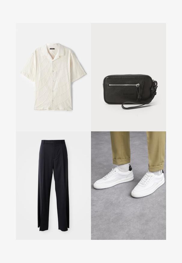 Srajca s kratkimi rokavi, v odtenku off-white, ki ima teksturirano tkanino z valovitimi vzorci in klasičnim ovratnikom.; Črne hlače visoke pasu s širokimi nogavicami, narejene iz gladkega blaga. Imajo sprednje gube in zanko za pas. Minimalističen dizajn, brez vidnih dodatkov.; Bele teniske z teksturirano usnjeno površino, okroglo konico in črnimi detajli na peti. Gumijast podplat z majhnim profilom in šivanimi detajli.; Črna usnjena torbica s teksturirano površino, sprednjim žepom z zadrgo in odstranljivo zapestnico. Ima logotip na sprednji strani. Pravokotna oblika.