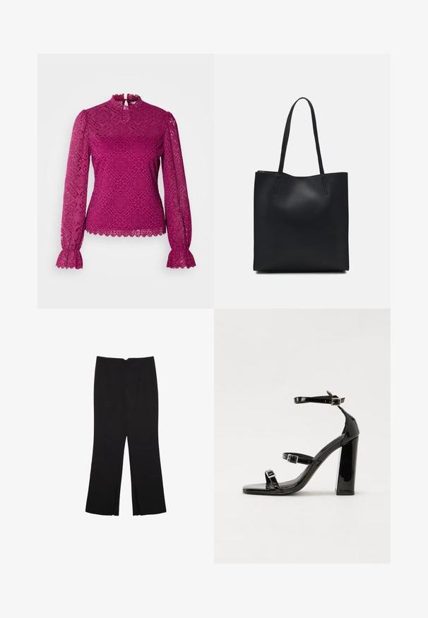 Morgan TYRIA - Bluse - orchidee; Sorte bukser med lige pasform, der har frontlommer og slidser i kanten. Lavet af blødt, glat stof. Velegnet til forskellige anledninger.; Sorte patenterede hælsandaler med firkantet tå, ankelremme og sølvspænder. Har en chunky blokHæl for stabilitet.; Sort læder tote taske med glat tekstur, rektangulær form og to lange hanke. Ingen synlig hardware eller udsmykninger.