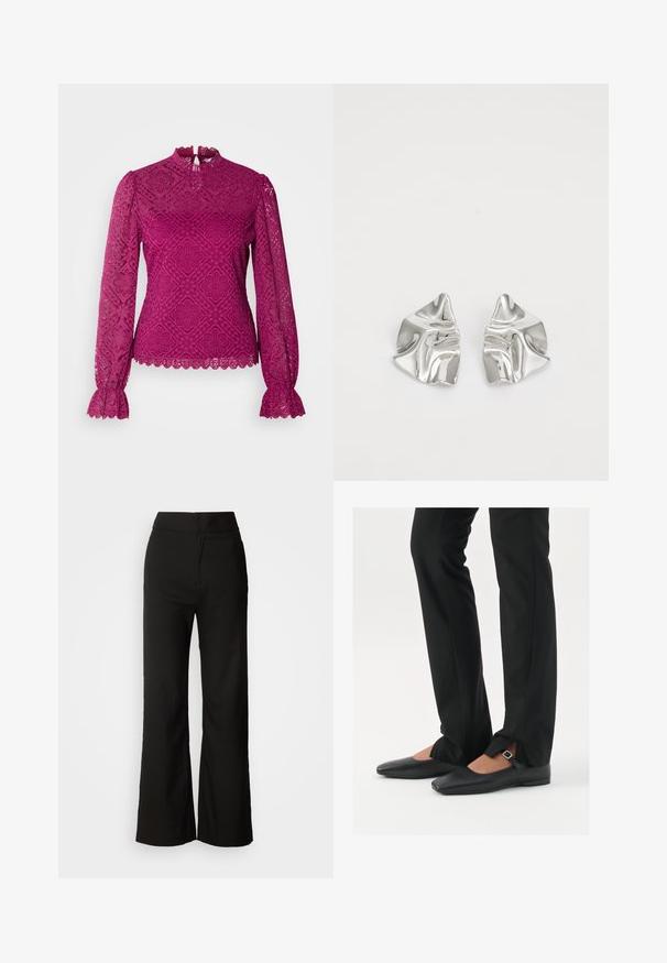 Morgan TYRIA - Pluus - orchidee; Mustad laiad püksid sujuva tekstuuriga, kõrge vöökoht ja puhas disain. Ei ole nähtavaid taskuid ega dekoreerimist.; Mustadast mustast nahast balletkingad terava ninaga, millel on rihm hõbedase klambriga, kokku sobitatud mustade ülikondpükstega, millel on lõhiku serv.; Hõbedased metallkõrvarõngad lainelise, skulpturaalse disainiga, millel on poleeritud viimistlus ja ebaregulaarsed kujundid, rõhutades kaasaegset esteetikat.