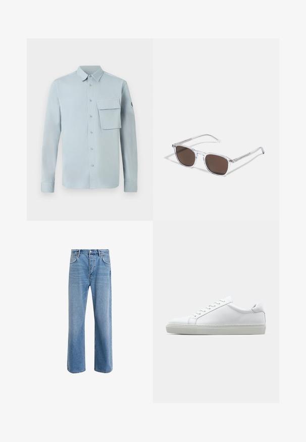 Lyseblå skjorte med lange ermer laget av myk stoff, med knapping foran, brystlomme og en enkel kragedesign.; Lys blå denimjeans med rett ben-design, fem lommer, knappeåpning, minimal falming og kontrasterende sømdetaljer.; Hvit sneakers med en glatt skinnoverdel og lav profil. Har en rund tå, seks snøring hull, og en teksturert gummisåle.; Klare plastikk solbriller med rektangulære brune linser, med tynne, gjennomsiktige armer og metalldetaljer på templene.