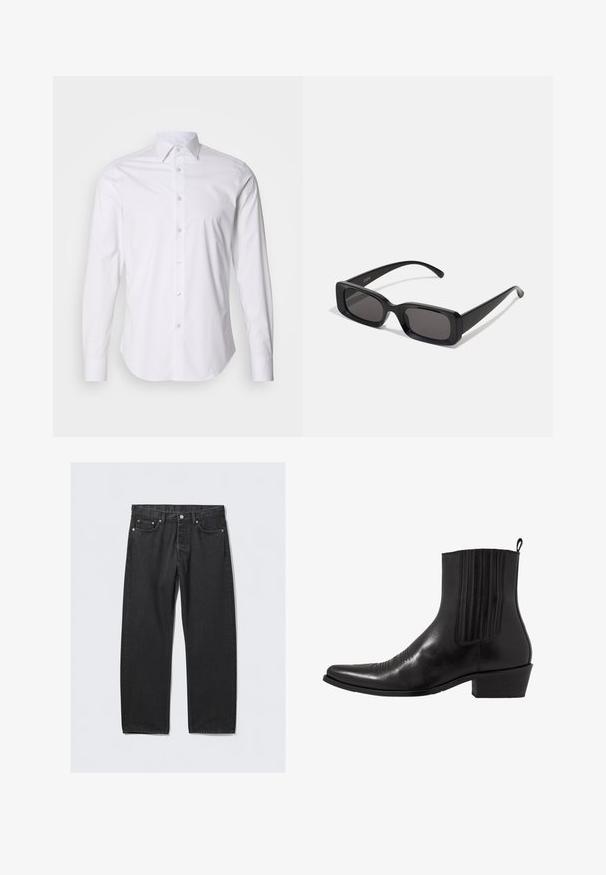 Witte lange mouwen shirt met kleine marineblauwe stippen, een geknoopte kraag en subtiele glans, met een gebogen zoom en een standaard knoopsluiting.; Zwarte denim jeans met een rechte pijp, voorzien van een knoopsluiting, vijf zakken en hardwareaccenten in koperkleur. Soepele textuur.; Zwarte leren enkellaarzen met een spitse neus, elastische zijpanele, verticale stiksels en een lage blokhak.; Zwarte rechthoekige zonnebril met donkere lenzen, glanzende afwerking, brede pootjes en een robuust frameontwerp. Gegraveerde merknaam op één van de pootjes.