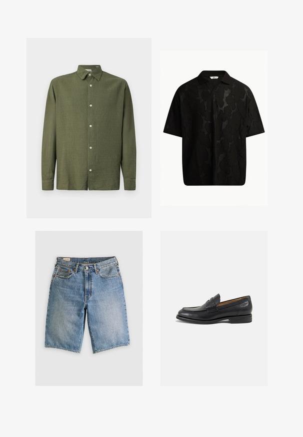 Camisa de manga larga verde oliva hecha de un tejido texturizado. Presenta un cierre de botones en la parte frontal y un cuello clásico, con cinco botones a lo largo del placket.; Polo negro de manga corta con un patrón abstracto texturizado. El cuello es plano y ligeramente abierto, realzando el diseño relajado.; Pantalones cortos de mezclilla en azul claro con un corte clásico. Cuenta con cinco bolsillos, acentos de costura naranja y dobladillos sin acabar.; Mocasines de cuero negro con un acabado suave, punta redondeada y costuras decorativas en la parte superior. Tacón bajo apilado y un ligero brillo.