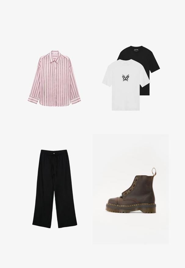 Helles rosa Langarmhemd mit Knopfleiste, vertikalen schwarzen Streifen, klassischem Kragen und geknöpften Ärmeln. Weicher Stoff mit glatter Textur.; Kurzarm-T-Shirts in Schwarz und Weiß, mit einem flammenmusternden Schmetterlingsgrafik auf der Vorderseite des weißen Shirts. Aus Baumwollmaterial.; Schwarze, leichte weitgeschnittene Hosen mit elastischem Bund und Kordelzug. Glatte Textur, keine sichtbaren Muster oder Beschläge.; Braune Leder-Ankleboots mit runder Spitze, kontrastierenden gelben Nähten, dekorativen Metallösen und rutschfester Gummisohle.