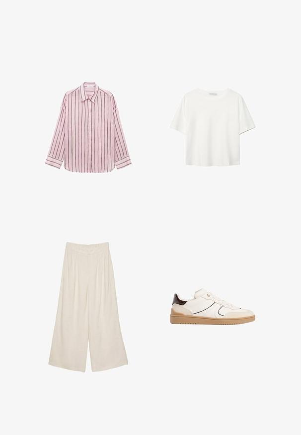 SVETLO ROŽNATA SRAZ ZGORNJI DEL Z RAZPRTO USNICO Z VERTIKALNIM ČRNIM ČRTAM, KLASIČEN OVRATNIK IN MANŠETE. MEHKOBNA TKANINA Z GLADKO TEKSTURO.; Bela kratka majica s kratkimi rokavi iz bombaža. Ima okroglo izrezovanje in sproščen kroj. Gladka tekstura brez vidnih vzorcev ali poudarkov.; Linen široke hlače v svetlo bež barvi s plisejskim dizajnom in elastičnim pasom za udobje in enostavno nošenje.; Stradivarius Športni copati - white