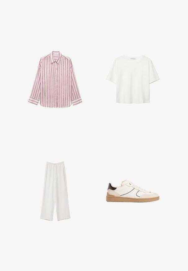 Vaaleanpunainen pitkähihaisena nappipaita, jossa on pystysuoria mustia raitoja, klassinen kaulus ja käänteet hihoissa. Pehmeä kangas, jolla on sileä pinta.; Valkoinen lyhythihainen T-paita, joka on tehty puuvillasta. Siinä on pyöreä kaula-aukko ja rento malli. Silkkinen pinta ilman näkyviä kuvioita tai koristeita.; Valkoiset leveälahkeiset housut kevyestä kankaasta. Ominaisuuksiin kuuluu elastinen vyötärö, jossa on nauhakuuluma ja sivutaskut. Sileä rakenne.; Stradivarius Matalavartiset tennarit - white