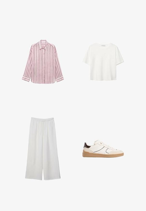 Light pink long-sleeve button-up shirt with vertical black stripes, classic collar, and cuffed sleeves. Soft fabric with a smooth texture.; White short-sleeve t-shirt made of cotton. Features a crew neckline and a relaxed fit. Smooth texture with no visible patterns or accents.; White wide-leg trousers made of lightweight fabric, featuring an elastic waistband and a drawstring for adjustable fit. Smooth texture.; Stradivarius Trainers - white