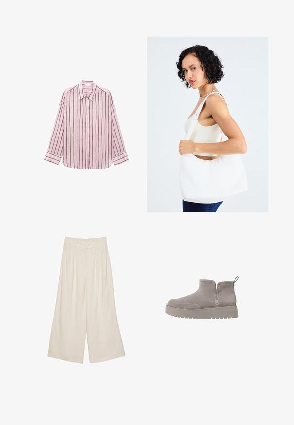 Světle růžová košile s dlouhým rukávem, knoflíkovým zapínáním, s vertikálními černými pruhy, klasickým límečkem a manžetami. Měkká látka s hladkým povrchem.; Lněné kalhoty širokého střihu v světle béžové barvě s nařaseným designem a elastickým pasem pro pohodlí a snadné nošení.; Šedá nubuková kotníková bota s nízkým profilem, elastickými bočními panely a texturovanou gumovou podešví. Obsahuje poutko pro snadné obouvání.; Bílá kabelka přes rameno vyrobená z hladkého materiálu, s oválným výřezem a širokým designem popruhu. Jednoduchá a moderní, bez viditelného hardwaru.