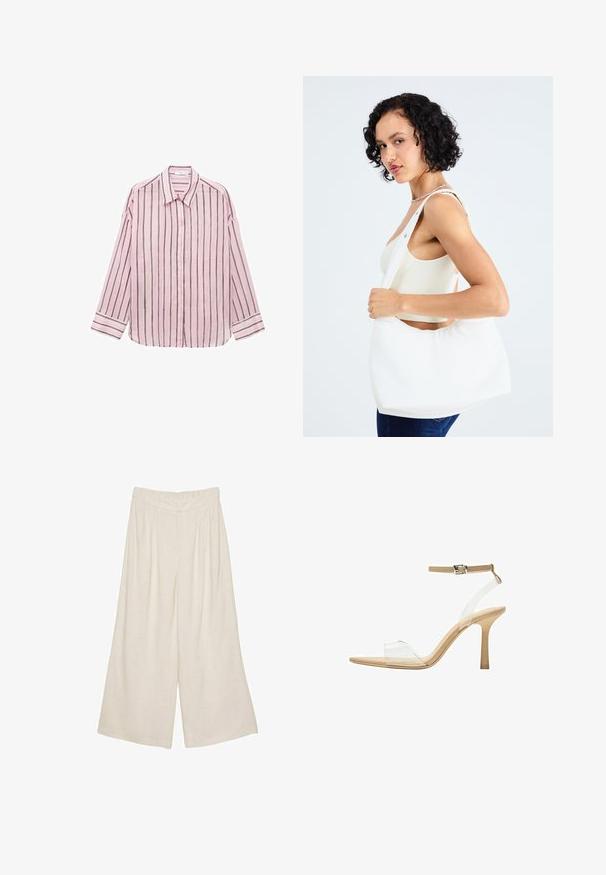 Camicia a maniche lunghe di un tenue rosa chiaro, con bottoni, strisce verticali nere, colletto classico e maniche con polsini. Tessuto morbido con una trama liscia.; Pantaloni larghi in lino di colore beige chiaro con un design plissettato e una vita elasticizzata per comfort e facilità d'uso.; Sandal con tacco trasparente e parte superiore trasparente, plantare beige e una sottile cinghia alla caviglia. Presenta una punta appuntita e un tacco alto e sottile.; Borsa a spalla bianca realizzata in materiale morbido, con un ritaglio ovale e un design a tracolla ampia. Semplice e moderna, senza hardware visibili.