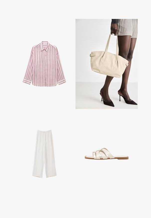 Vaaleanpunainen pitkähihaisena nappipaita, jossa on pystysuoria mustia raitoja, klassinen kaulus ja käänteet hihoissa. Pehmeä kangas, jolla on sileä pinta.; Valkoiset leveälahkeiset housut kevyestä kankaasta. Ominaisuuksiin kuuluu elastinen vyötärö, jossa on nauhakuuluma ja sivutaskut. Sileä rakenne.; Tason vaaleanruskealla kumipohjalla, jossa on kolme päällekkäistä valkoista nahkaremmiä ja pieni satiininen rusetti keskellä.; Beige kassi, jossa on sileä nahkapinta, jämäkkä muoto, kaksi kahvaa ja sivuilla solkdetaljointi. Yhdistettynä tyylikkäisiin mustiin korkokenkiin.