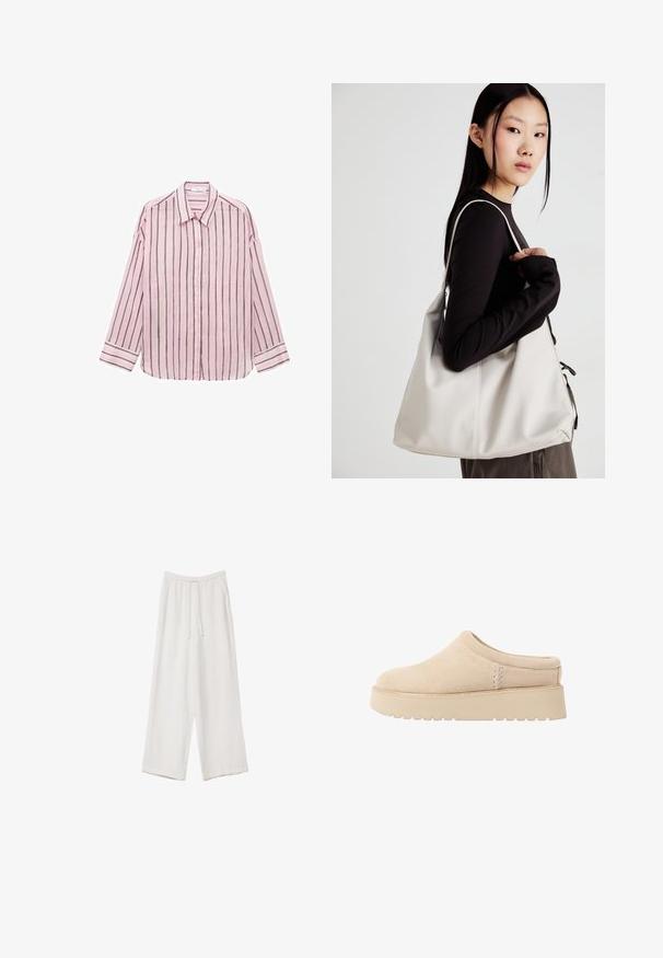 Light pink long-sleeve button-up shirt with vertical black stripes, classic collar, and cuffed sleeves. Soft fabric with a smooth texture.; White wide-leg trousers made from a lightweight fabric. Features an elastic waistband with a drawstring and side pockets. Smooth texture.; Beige suede slip-on shoes with a rounded toe and thick, textured platform sole. Features minimal stitching and a soft design.; Beige handbag made of soft material, featuring a slouchy design, stitched detailing, and two shoulder straps. Suitable for everyday use.