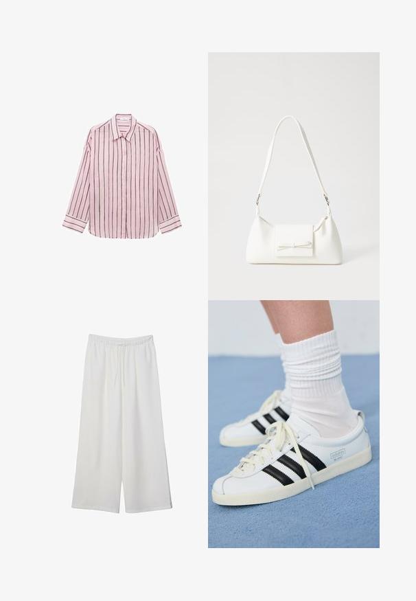 Světle růžová košile s dlouhým rukávem, knoflíkovým zapínáním, s vertikálními černými pruhy, klasickým límečkem a manžetami. Měkká látka s hladkým povrchem.; Bílé kalhoty s širokými nohavicemi vyrobené z lehké tkaniny, s elastickým pasem a stahovací šňůrkou pro nastavitelnou velikost. Hladká textura.; Bílé kožené tenisky s černými pruhy, krémovou podešví a světlými tkaničkami. Nosené s bílými žebrovanými ponožkami, umístěné na modrém pozadí.; Bílá syntetická kabelka v trojúhelníkovém tvaru, s plochým předním klopným víkem a detailem mašle, nastavitelným popruhem, hladkým povrchem a minimalistickým designem.