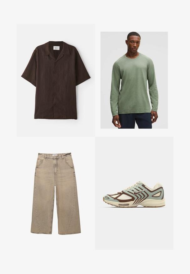 Korte mouwen, kastshirt in donkerbruine stof met een platte kraag. Heeft een relaxte pasvorm en subtiele textuur. Geen zichtbare patronen of accenten.; Langsleeve shirt in gedempt groen met een textuurpatroon, ronde halslijn en raglanmouwen, gemaakt van zachte, lichte stof.; PULL&BEAR MEGA BAGGY - Baggy jeans - light grey; Lichtblauwe en bruine sneaker met een gestructureerd mesh bovenwerk, gelaagd ontwerp, reflecterende accenten en een gevoerde crèmekleurige tussenzool.