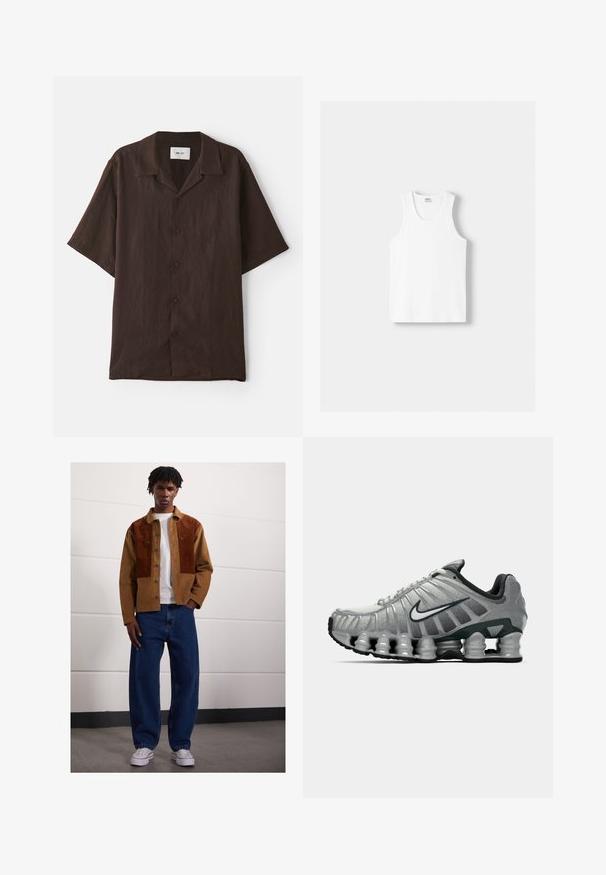 Kurzarm-Hemd mit Knopfleiste aus braunem Stoff und flachem Kragen. Hat eine lockere Passform und eine dezente Textur. Keine sichtbaren Muster oder Akzente.; Weißes Baumwoll-Trägershirt mit Rundhalsausschnitt, breiten Trägern und geradem Saum, das eine glatte Textur aufweist und keine sichtbaren Muster hat.; Mann steht drinnen und trägt eine braune Cordjacke mit Rostflecken, ein weißes T-Shirt, lockere blaue Jeans und weiße Sneakers.; Grauer und schwarzer Nike-Laufschuh mit sichtbarer federähnlicher Dämpfung unter der Sohle und einem weißen Swoosh-Logo an der Seite.