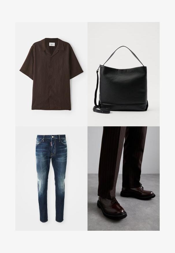 Kratki rukav, košulja s gumbima izrađena od tamno smeđeg materijala s ravnim ovratnikom. Ima opušteni kroj i suptilnu teksturu. Nema vidljivih uzoraka ili akcenta.; Bijela pamučna bezrukavna majica s okruglim izrezom, s glatkom teksturom i prilagođenim oblikom, dizajnirana za ležerno nošenje.; Tamno plave traperice s uskim krojem, koje imaju izbjeljena mjesta na bedrom i koljenima, pet džepova i metalno kopčanje.; Smeđe kožne cipele s vezicama i sjajnim finišom, crna gumena potplata i suptilno šivanje. Nosene s smešanim smešnim smeškom smešnim smeškom.; Crna kožna torba preko ramena s teksturiranim završetkom, zakrivljenim vrhom i odvojivim remenom. Ima jednostavan dizajn s minimalnim hardverom.