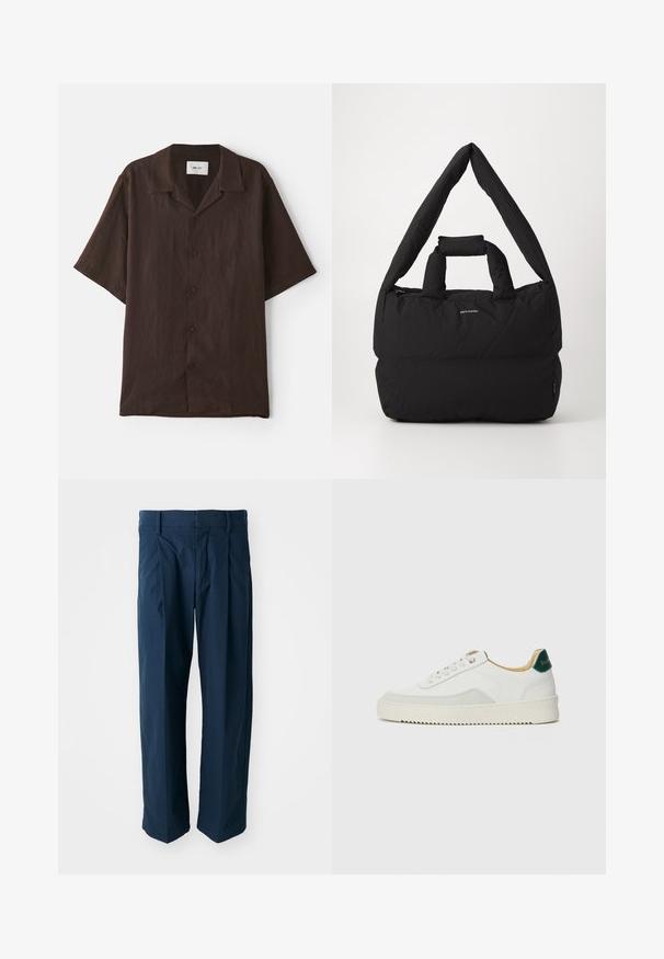 Camisa de manga corta, con botones, en tela marrón oscuro con cuello plano. Presenta un corte relajado y una textura sutil. Sin patrones o acentos visibles.; Pantalones azul marino de algodón, con un corte relajado, pliegues delanteros y una cintura plana con trabillas para cinturón.; Zapatilla blanca con acentos de ante, puntera redondeada, cordones planos y suela de goma color crema. Presenta un logo verde en el talón.; Bolsa acolchada negra con una amplia y suave correa para el hombro y un asa en la parte superior. Presenta un cierre con cremallera y un logo sutil en la parte frontal.