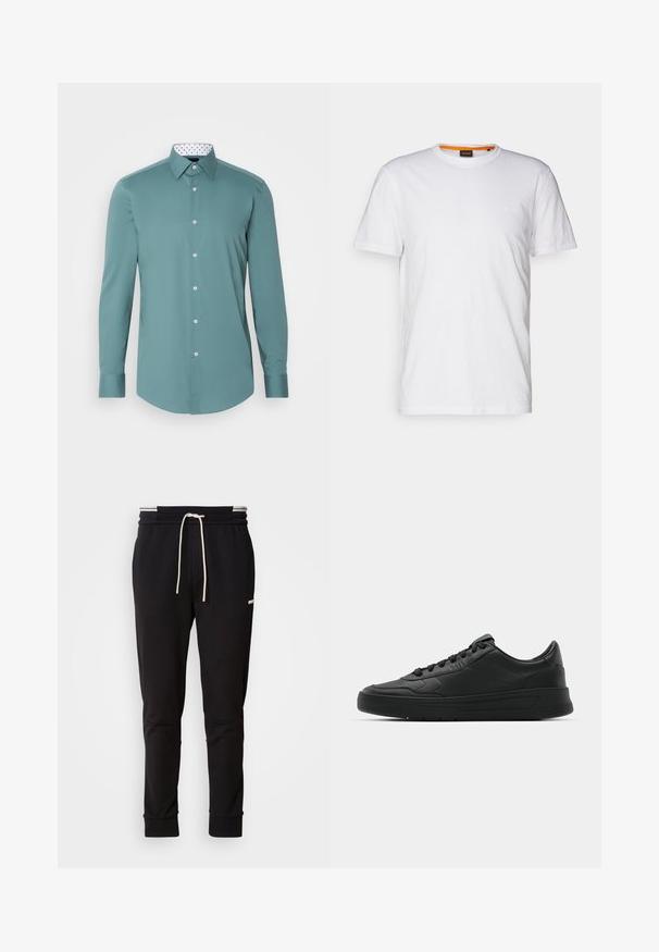Tirkizna majica s dugim rukavima od glatkog materijala, s bijelom kragnom s crnim točkicama i kopčanjem sprijeda.; Bela bombažna majica s kratkimi rokavi in okroglim izrezom, z diskretnim reliefnim logotipom na prsih. Notranja oznaka ima oranžni akcent.; Črne slim-fit trenirke s belim vrvico, rebrastimi manšetami in subtilnim logotipom na zgornjem stegnu na enobarvnem ozadju.; Črne superge z gladkim usnjenim zgornjim delom, okroglo konico, ravnimi vezalkami, oblazinjeno ovratnikom in minimalističnim dizajnom. Gumijast podplat z diskretnim profilom.