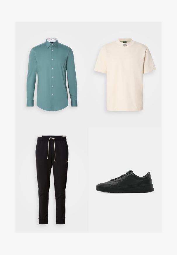 Camisa de manga larga color azul verdoso, hecha de tela suave, con un cuello blanco que presenta un patrón de lunares negros y un cierre frontal con botones.; T-shirt de manga corta color crema con collar alto, que presenta la palabra "BOSS" impresa en negro en la parte delantera del cuello y en la etiqueta interior.; Pantalones jogger ajustados negros con cordones blancos, puños acanalados y un logo sutil en el muslo superior sobre un fondo liso.; Zapatilla negra con parte superior de cuero liso, puntera redonda, cordones planos, cuello acolchado y diseño minimalista. Suela de goma con un patrón de relieve sutil.