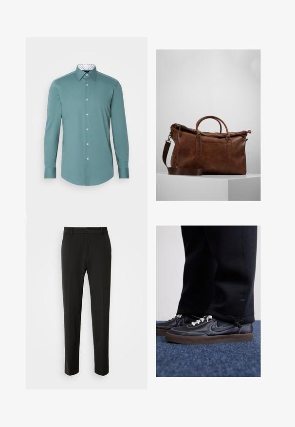 Tirkizna majica s dugim rukavima od glatkog materijala, s bijelom kragnom s crnim točkicama i kopčanjem sprijeda.; Črne hlače iz gladkega materiala, s straight nogavicami, z gumbom za zapiranje in klasičnim dizajnom, primerne za formalne ali sproščene priložnosti.; Nike Sportswear KILLSHOT 2 LTR PRM OPP2 - Športni copati - black sail baroque brown mtlc dk grey; Brahna usnjena potovalna torba z zadrgo, dvojno ročajema, nastavljivim naramnim trakom in vidnimi teksturami na površini.