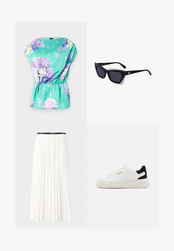 Floral top in turquoise fabric with a loose fit, featuring purple and yellow flower patterns, gathered waist, and cap sleeves.; Pleated white skirt with a black elastic waistband featuring the "LACOSTE" logo. Mid-length design with soft texture.; White leather sneakers with a thick white sole, black suede heel accent, and embossed logo on the side. Laced design with six eyelets.; Black oversized sunglasses with a geometric shape, featuring dark lenses and a contrasting grey detail on the frame. Logo on the arm.