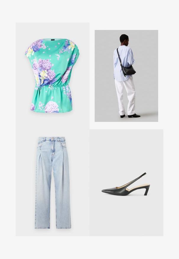 Kvetinová blúzka z tyrkysovej tkaniny s voľným strihom, so vzorom fialových a žltých kvetov, zúženým pásom a rukávmi do polovičky.; Svetlomodré džínsy s vysokým pásom, širším strihom po celej dĺžke, dvoma bočnými vreckami a skladaným dizajnom. Mäkka textúra s vyblednutým vzhľadom.; Čierne slingback topánky s ostrou špičkou a nízkym opätkom, vyrobené z hladkej kože a s výrezmi na boku pre lepšiu priedušnosť.; Čierna kožená ramenná taška so mäkkou textúrou, trojuholníkovým tvarom a nastaviteľným popruhom, skombinovaná s svetlomodrou pruhovanou košeľou a bielymi nohavicami.