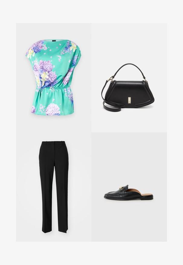 Floral top in turquoise fabric with a loose fit, featuring purple and yellow flower patterns, gathered waist, and cap sleeves.; Black tailored trousers with a straight-leg design, featuring a smooth texture and crisp creases along the front. No visible hardware.; Black leather slip-on shoe with rounded toe, gold hardware accent, and a flat outsole. Interior lined with tan leather for comfort.; Black leather handbag with a structured design, featuring a cropped shape, top handle, and gold hardware accent. Adjustable shoulder strap included.