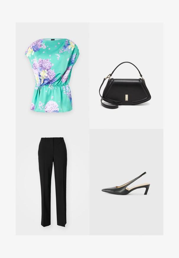 Bloes in turquoise stof met een losse pasvorm, voorzien van paarse en gele bloemenpatronen, een gathered taille en cap sleeves.; Zwarte op maat gemaakte broek met een recht model, voorzien van een soepele textuur en scherpe plooien aan de voorkant. Geen zichtbare hardware.; Zwarte puntige slingback schoen met een lage hak, gemaakt van soepel leer en voorzien van een uitsnede aan de zijkant voor ventilatie.; Zwarte leren handtas met een gestructureerd ontwerp, featuring een verkorte vorm, bovenhandvat en gouden hardwareaccent. Inclusief verstelbare schouderband.