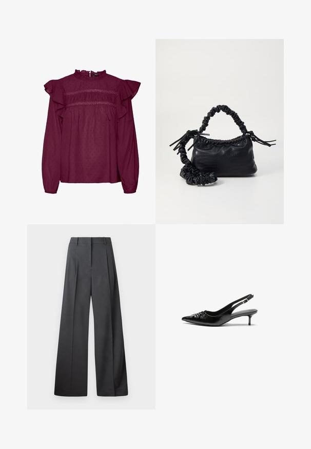 Bordo bluza s volanima na rukavima, nabranim detaljem na prsima, izrađena od lagane tkanine s suptilnom točkastom teksturom.; Hlače širokih nogavica u tamnosivoj tkanini, s visokim strukom, jednim naborom i glatkom teksturom s urednim završetkom na rubovima.; Crne kožne sandale na petu s ikkrenim nosom, malom kitten petom i dekorativnom mašnom sprijeda. Glatka tekstura svuda.; Crna torba od umjetne kože s teksturom krokodila, s cinčanim vrhom i naboranom trakom. Izgleda mekano i kompaktno u dizajnu.