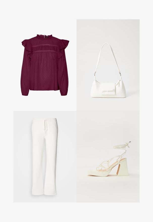 Burgundy paita kanssa rypistyneet hihat, kootut yksityiskohdat rinnassa, valmistettu kevyestä kankaasta, jossa on hienovarainen pistekuvio.; Valkoiset, rento-fittiset collegehousut pehmeästä kankaasta, jossa on joustava vyötärönauha ja nyöri sekä suora lahjemuoto.; Valkoinen korkokenkä, jossa on paksu korko, ja joka sisältää nauhakiinnityksen ja nilkkaketjun. Sujuva pinta, jossa on platform-etupohja lisäkorkeutta varten.; Valkoinen synteettinen käsilaukku, jossa on kolmikulmainen muoto, tasainen etu läppä ja nauhadetail, säädettävä olkahihna, sileä rakenne ja minimalinen muotoilu.