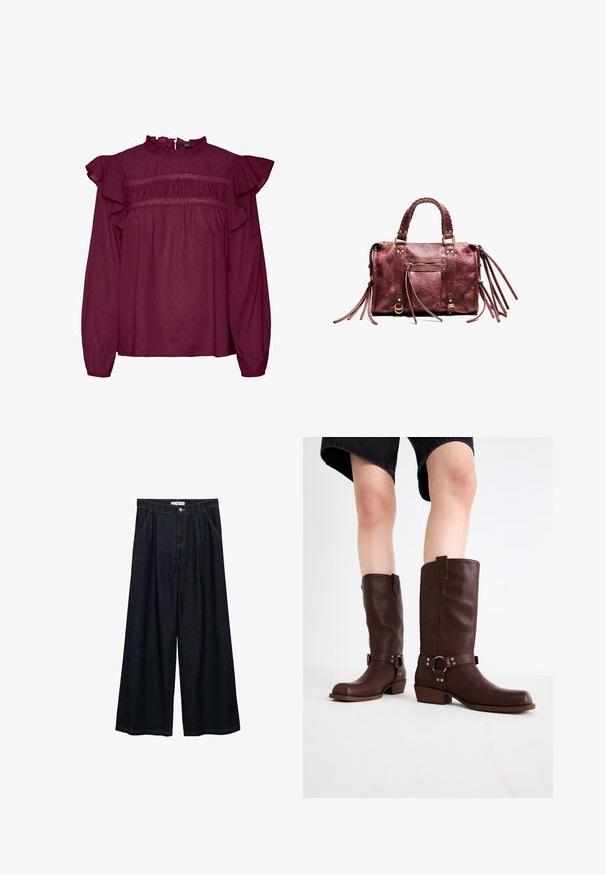 Bluză burgundă cu mâneci volănașe, detalii cu brâu elastic la piept, fabricată dintr-un material ușor, cu o textura punctată subtilă.; Pantaloni largi din denim închis, cu talie înaltă, având un închidere cu nasture frontal, două buzunare laterale și detalii de cusătură.; Cizme din piele maro, până la genunchi, cu vârf rotunjit, suprafață texturată, curea la gleznă și detalii din metal argintiu; toc înălțat.; Geantă de mână din piele maron, cu mânere împletite, accente cu franjuri și accesorii din aur. Are un buzunar frontal cu fermoar și o suprafață texturată.