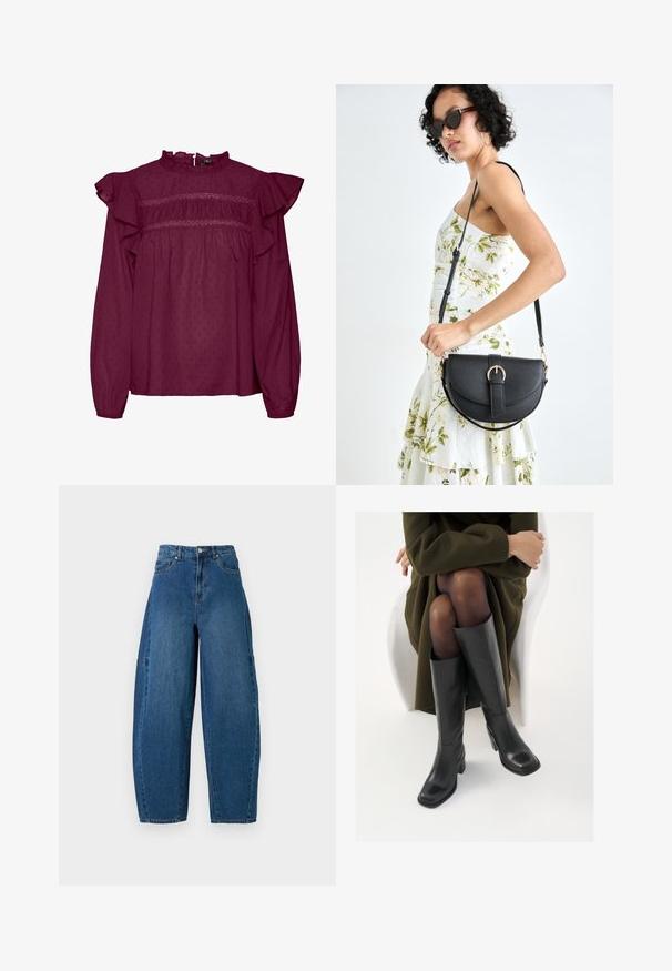 Blusa bordeaux con maniche arricciate, dettagli smock sul petto, realizzata in tessuto leggero con una sottile trama a pois.; Jeans in denim con un lavaggio blu medio, caratterizzati da una vita alta, una gamba larga e un design a cinque tasche standard con dettagli di cucitura visibili.; Stivali neri in pelle alti fino al ginocchio con punta squadrata e tacco a blocco, mostrati con un modello seduto in un cappotto verde oliva. Texture liscia, dettagli minimi.; Borsa a tracolla nera in pelle con una forma curva, manico rimovibile e accessori dorati. La borsa presenta una patta con un dettaglio a fibbia.