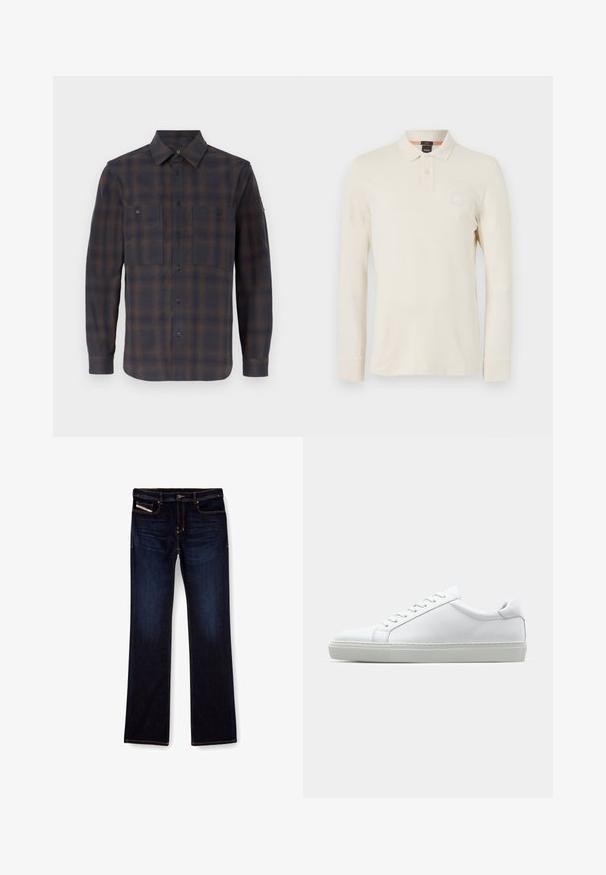 Langarm flanellen overhemd in een donkerblauw en bruin ruitpatroon. Voorzien van een klassieke kraag, twee borstzakken en knoopsluitingen.; Langarm polo shirt in lichtbeige, gemaakt van gladde stof, met een polokraag, een knoopsluiting met twee knopen en een klein logopatch op de borst.; Donkerblauwe denim jeans met een rechte pijp, voorzien van oranje stiksels, een ritssluiting en voorzakken. Glad oppervlak en een standaard tailleband.; Witte sneaker met een gladlederen bovenwerk en een laag profiel. Voorzien van een ronde neus, zes vetergaatjes en een gestructureerde rubberen zool.