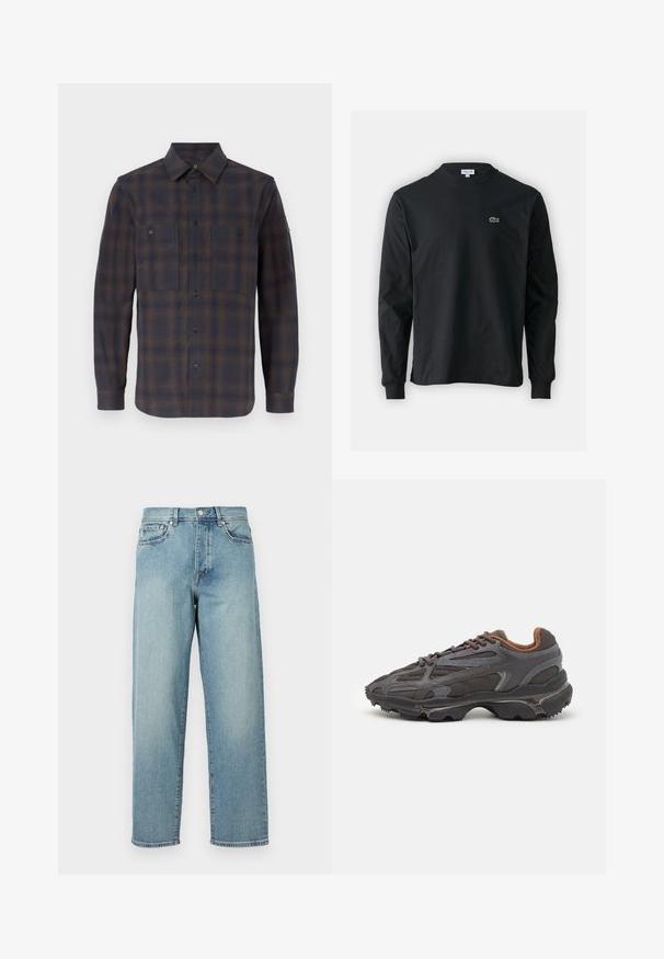 Langarm flanellen overhemd in een donkerblauw en bruin ruitpatroon. Voorzien van een klassieke kraag, twee borstzakken en knoopsluitingen.; Zwarte longsleeve t-shirt van katoen, met een ronde halslijn en een klein groen geborduurd krokodillenlogo op de linkerborst.; Lichtblauwe denim jeans met een losse pasvorm, rechte pijpen, een vijfzakkenontwerp en een knoopsluiting bij de taille. Minimalistische stikdetails.; Lacoste sneakers in donkergrijs van mesh en synthetisch materiaal, met een gestructureerde zool en bruine accenten op de kraag en branding.