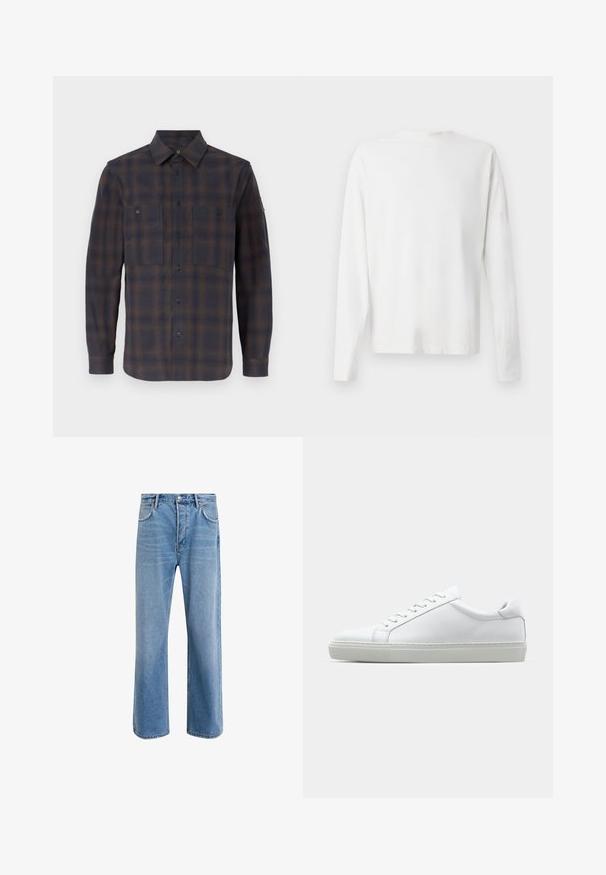 Langärmliges Flanellhemd im dunkelblauen und braunen Karomuster. Verfügt über einen klassischen Kragen, zwei Brusttaschen und Knopfverschlüsse.; Langärmliges weißes Baumwollhemd mit rundem Ausschnitt, seitlichen Schlitzen am unteren Rand und glatter Textur, von hinten präsentiert.; Helle blaue Jeans im Geradeschnitt-Design, mit fünf Taschen, Knopfverschluss, minimaler Ausbleichung und kontrastierenden Nähdetails.; Weißer Sneaker mit glattem Lederobermaterial und niedrigem Profil. Verfügt über eine runde Zehenpartie, sechs Ösen und eine strukturierte Gummisohle.