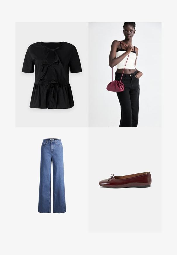 Black short-sleeve top with a round neck, featuring a bow-tie detail at the front and a gathered peplum hem. Smooth texture.; Light blue denim wide-leg jeans with a high waist, two front pockets, and visible stitching. Features a button and zipper closure.; Burgundy patent leather ballet flat with a rounded toe, small bow accent at the front, and a low, black rubber sole. Smooth texture.; Burgundy soft fabric handbag with a gathered design and a long strap, worn crossbody. Model wears a white crop top and black jeans.