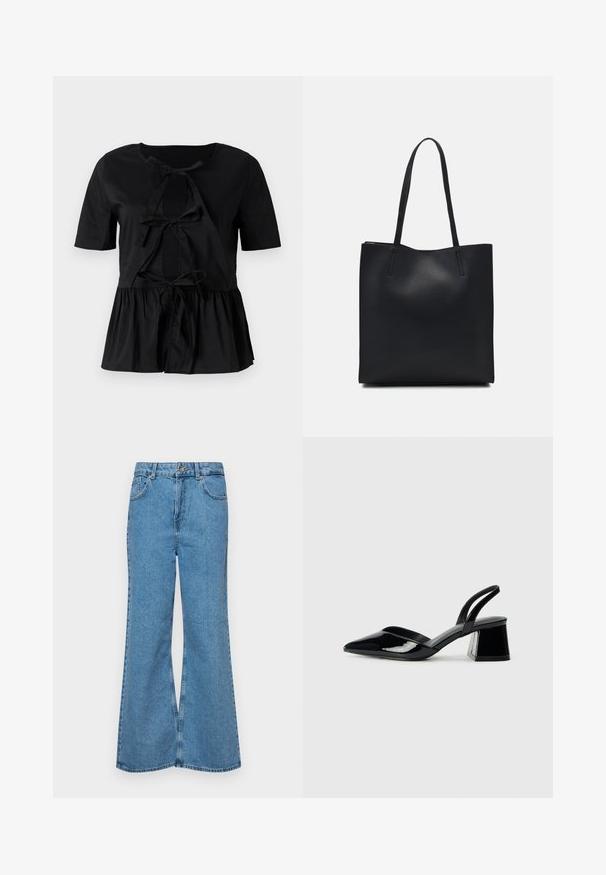 Crna majica kratkih rukava s okruglim izrezom, s detaljima u obliku mašne sprijeda i skupljenim peplum rubom. Glatka tekstura.; Svijetloplave traperice s flared nogavicama, visokog struka, s pet džepova i jednim dugmetom za zatvaranje. Mekani materijal s izblijedjelim izgledom.; Crne lakirane kožne sandale s otvorenom petom i špicastim vrhom, s geometrijskom blok petom. Imaju elegantan, minimalistički dizajn i glatku teksturu.; Crna kožna torba za nošenje s glatkom teksturom, pravokutnim oblikom i dvije duge ručke. Nema vidljivih metalnih dijelova ili ukrasa.