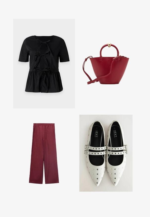Top negru cu maneci scurte și guler rotund, având un detaliu cu fundă în față și o margine peplum strânsă. Textură netedă.; Pantaloni largi bordeaux dintr-un material moale, cu o talie elastică, două buzunare laterale și o siluetă relaxată.; Pantofi plat din piele albă cu vârful ascuțit, decorati cu tinte argintii și două curele cu cataramă pe glezne. Interior negru.; Geantă de mână din piele roșie, cu un vârf rotunjit, formă conică structurată, mânere scurte și curea de umăr detasabilă. Prezentă accente de hardware aurii.