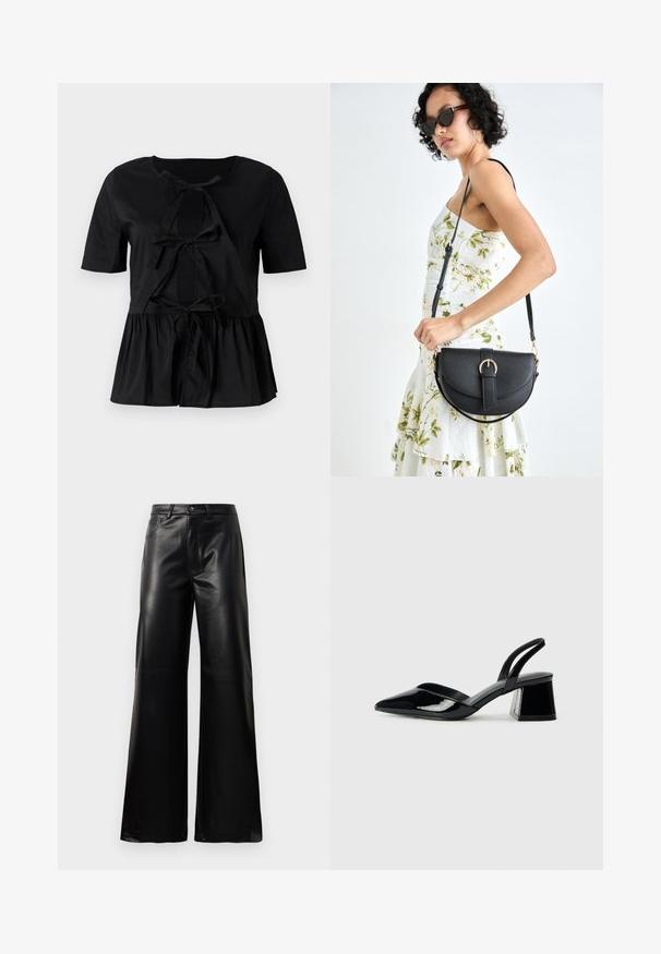Čierny top s krátkym rukávom a okrúhlym výstrihom, ktorý má na prednej strane detail uzla a skladaný peplum lem. Hladká textúra.; Čierne vysokopriestené široké nohavice z umelého kože s predným gombíkom, zipsom, pútkami na opasok a bočnými vreckami na bielom pozadí.; Čierne lakované kožené sandálové podpätky s špicatou špičkou a geometrickým blokovým podpätkom. Disponujú elegantným, minimalistickým dizajnom a hladkým povrchom.; Čierna kožená kabelka s zaobleným tvarom, odnímateľným popruhom a zlatými doplnkami. Kabelka má klopu s detailom s prackou.