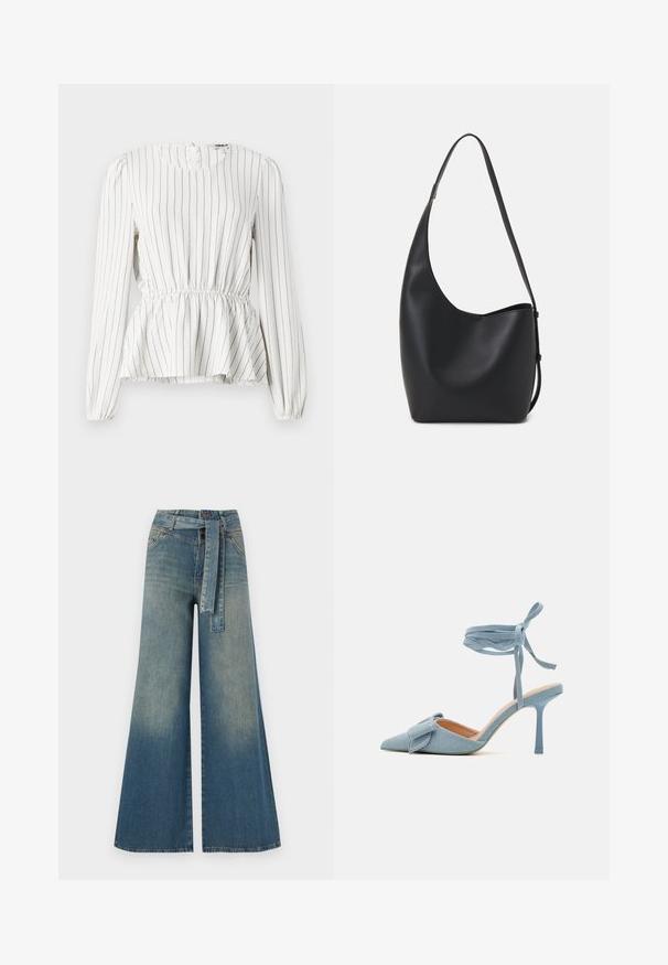 Blouse blanche à manches longues avec des rayures verticales noires, taille froncée, encolure ronde et poignets élastiques. Tissu léger avec une texture douce.; Pantalons en denim à jambe large présentant un dégradé de bleu clair à bleu foncé, taille haute, passants de ceinture et une ceinture en tissu assortie. Finition en denim texturé.; Escarpin à bout pointu en tissu bleu clair avec une finition texturée, muni d'un accent en nœud et d'une bride à la cheville pour un maintien sécurisé.; Sac hobo en cuir noir avec une texture lisse, une forme incurvée et une seule sangle réglable ; dispose d'une large ouverture en haut.