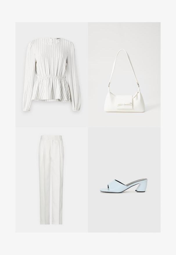 Balta ilga rankovė bliuska su vertikaliomis juodomis juostomis, susirinkusių juosmens, apvaliu iškirpimu ir elastingais rankogaliais. Lengvas audinys su minkšta tekstūra.; Balti dryžuoti kelnės su tiesiu kojų dizainu, pagamintos iš lengvos medžiagos. Priekyje turi klostes ir tradicinį juosmenį.; Šviesiai mėlynos atvirų pirštų kulno mules su geometriniu dizainu, turinčios plačią juostą per pėdą ir stambų, kampuotą kulną.; Balta sintetinė rankinė trikampio formos, plokščiu priekiu su užsegimu, kaspino detale, reguliuojama dirželiu, lygia tekstūra ir minimalistišku dizainu.