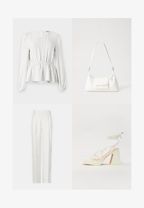 Blusa blanca de manga larga con rayas verticales negras, cintura fruncida, escote redondo y puños elásticos. Tejido ligero con textura suave.; Pantalones blancos a rayas con un diseño de pierna recta, hechos de una tela ligera. Presenta pliegues en la parte delantera y una cinturilla tradicional.; Sandalia de tacón alto blanca con un tacón grueso, que presenta un diseño de tiras y un lazo en el tobillo. Textura suave con una plataforma en la parte delantera para mayor altura.; Bolso sintético blanco con forma triangular, tapa frontal plana y detalle de lazo, correa ajustable, textura suave y diseño minimalista.