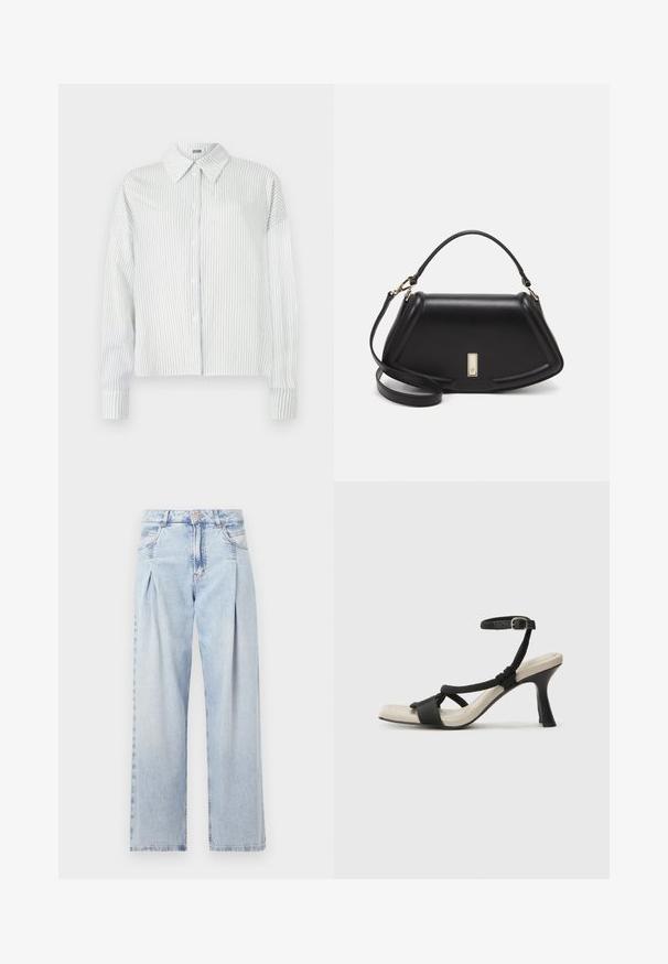 Weißes Langarm-Hemd mit Knopfleiste und dünnen vertikalen grauen Streifen sowie einem spitzen Kragen auf einem einfarbigen Hintergrund.; Helle blaue Denim-Jeans mit hoher Taille, weitem Beinschnitt, zwei seitlichen Taschen und gefaltetem Design. Weiche Textur mit einem ausgebleichten Finish.; Schwarze Absatzsandale mit geflochtenem Riemendesign, quadratischer Spitze und verstellbarem Knöchelriemen. Helle beigefarbene Sohle mit glänzendem schwarzen Absatz.; Schwarze Lederhandtasche mit einem strukturierten Design, das eine verkürzte Form, einen oberen Griff und goldfarbene Hardware-Details aufweist. Verstellbarer Schulterriemen ist enthalten.