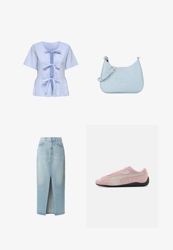 Striped short-sleeve blouse in light blue and white, featuring a scoop neck, tied front closure, and a peplum hem. Soft cotton fabric.; Light blue denim skirt featuring a front slit, five-pocket design, and belt loops. Made from cotton with a smooth texture and slight fade.; Pink suede sneaker with grey accents, streamlined design, textured upper, and black rubber sole. Features Puma logo on the side.; Miriade A SPALLA HILARY - Cross body bag - azzurro