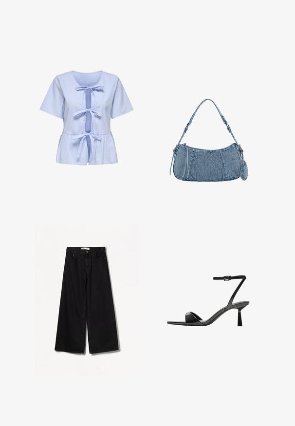 Bluză scurtă cu mânecă scurtă, în dungi, de culoare albastru deschis și alb, cu decolteu rotund, închidere cu fundă în față și tiv peplum. Material moale din bumbac.; Bershka WIDE-LEG - Wide leg - black; Bershka Sandale cu toc - black; Geantă din denim cu o formă curbată, de culoare albastru deschis, curea de umăr ajustabilă și un mic pouch detașabil cu accente metalice.